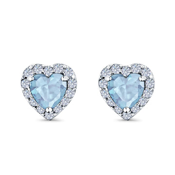 Heart shape Stud Earrings Wedding Simulated Aquamarine CZ 925 Sterling Silver (10mm)
